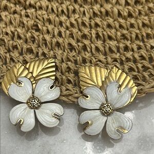 Gold and White Floral Earrings Vintage